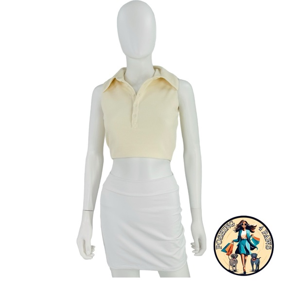 Camila Coelho Ivory Beja Waffle Tennis Prep Collared Preppy Crop Top XXS - Picture 2 of 11